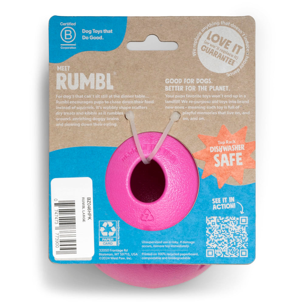 WEST PAW Rumbl treat-dispensing mechanism supports slow feeding and enrichment.