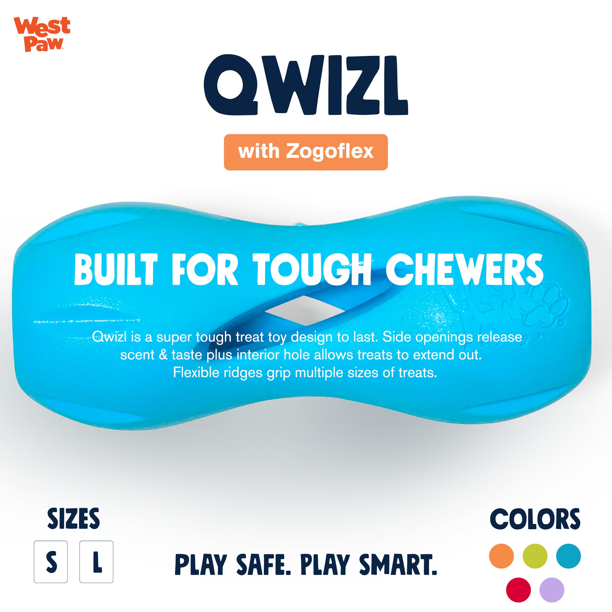 West Paw Wizl Aqua Small side view shows bright colors and easy-to-grasp curved shape.