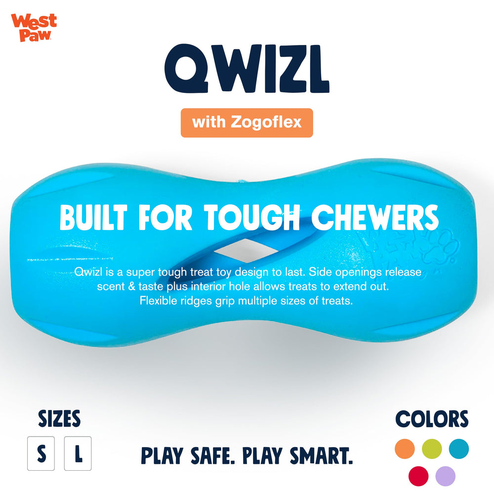 West Paw Wizl Aqua Small side view shows bright colors and easy-to-grasp curved shape.