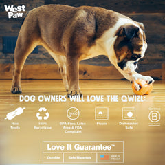 West Paw Wizl Aqua Small treat-discovery view emphasizes hidden treat puzzle for dogs.