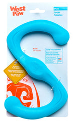 WEST PAW Zogoflex Bumi S-shaped toy in aqua blue for durable tug play.