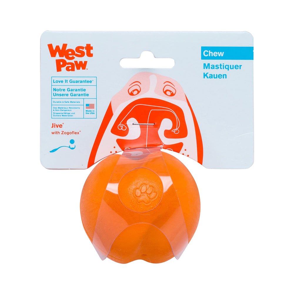 WEST PAW Zogoflex Jive Ball Small Tangerine ready for fetch sessions.