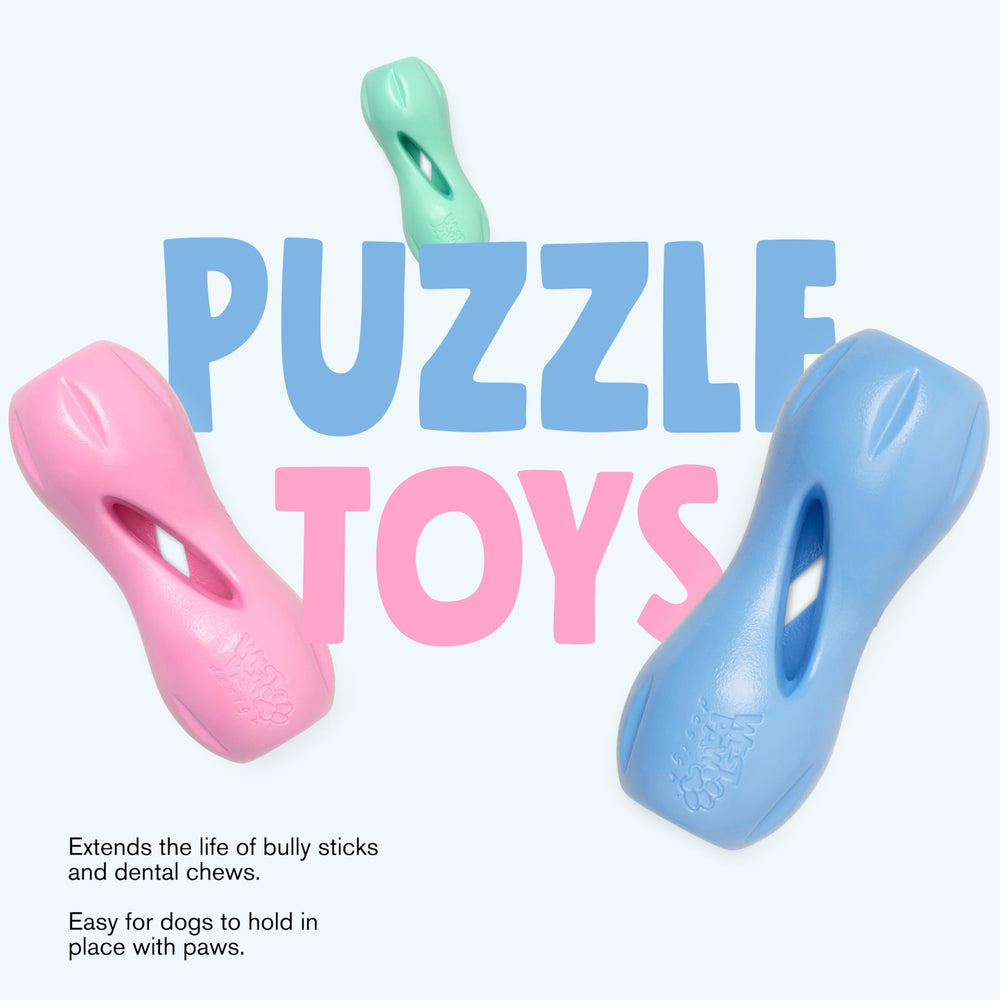 West Paw Zogoflex Qwizl bubblegum color encourages interactive play and treat-dispensing sessions.