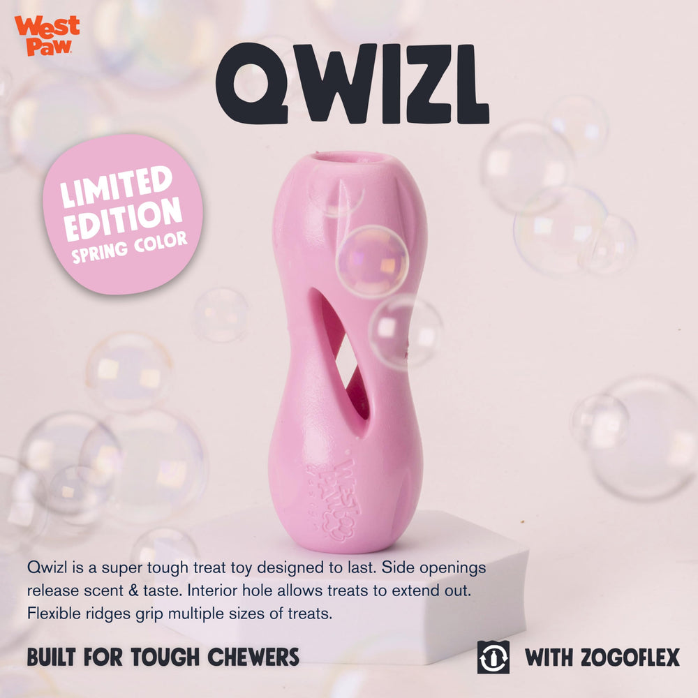 West Paw Zogoflex Qwizl dispensing treats action supports interactive feeding and reward-based play.