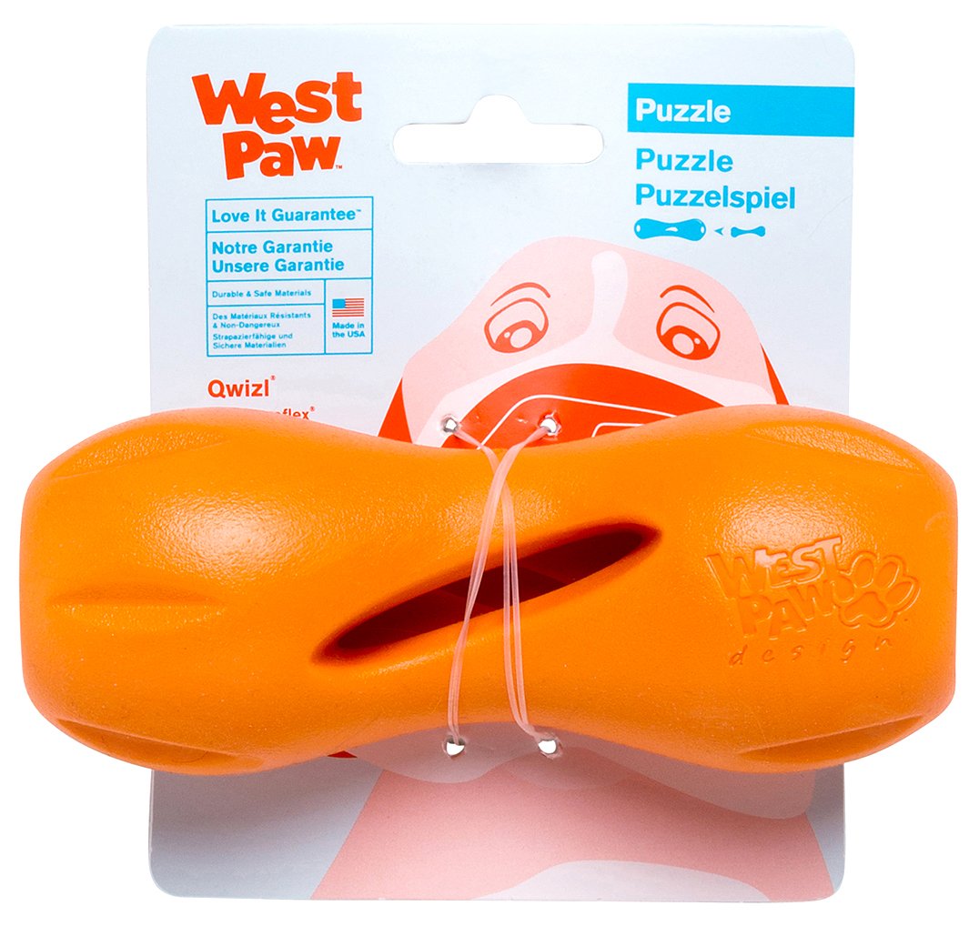 West Paw Zogoflex Qwizl front view shows a durable treat-dispensing dog toy for small dogs.