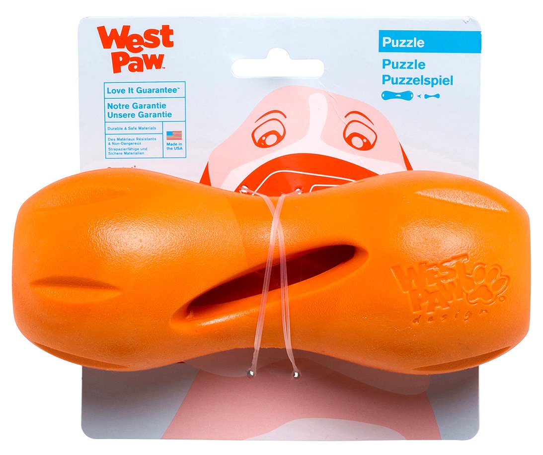 West Paw Zogoflex Qwizl large Tangerine front view demonstrates durable treat-dispensing design.