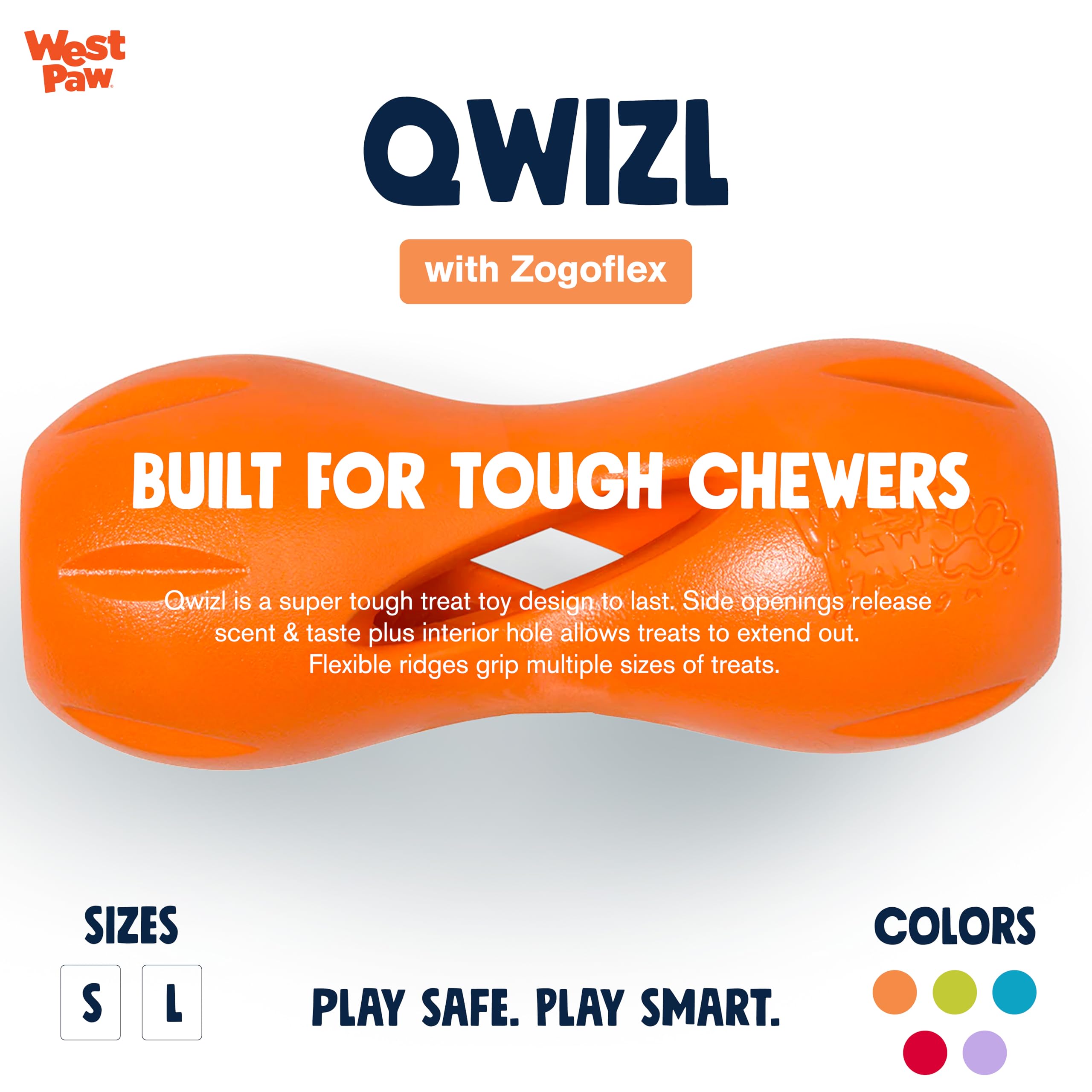 West Paw Zogoflex Qwizl treat-dispensing action image demonstrates treat-prolonging sessions.