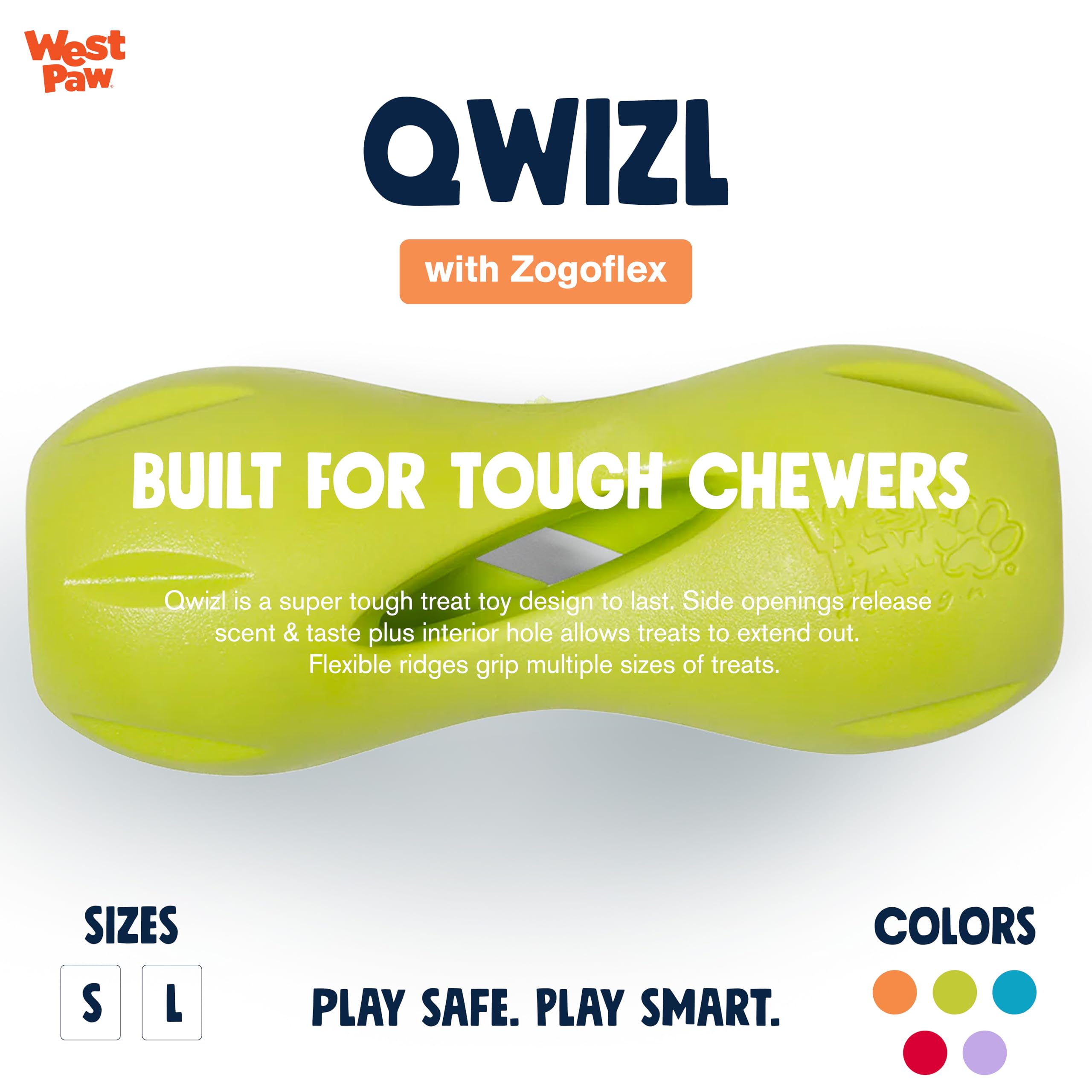 West Paw Zogoflex Qwizl Granny Smith Small treat-dispensing action in use