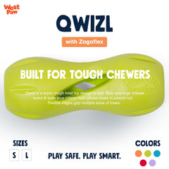 West Paw Zogoflex Qwizl Granny Smith Small treat-dispensing action in use
