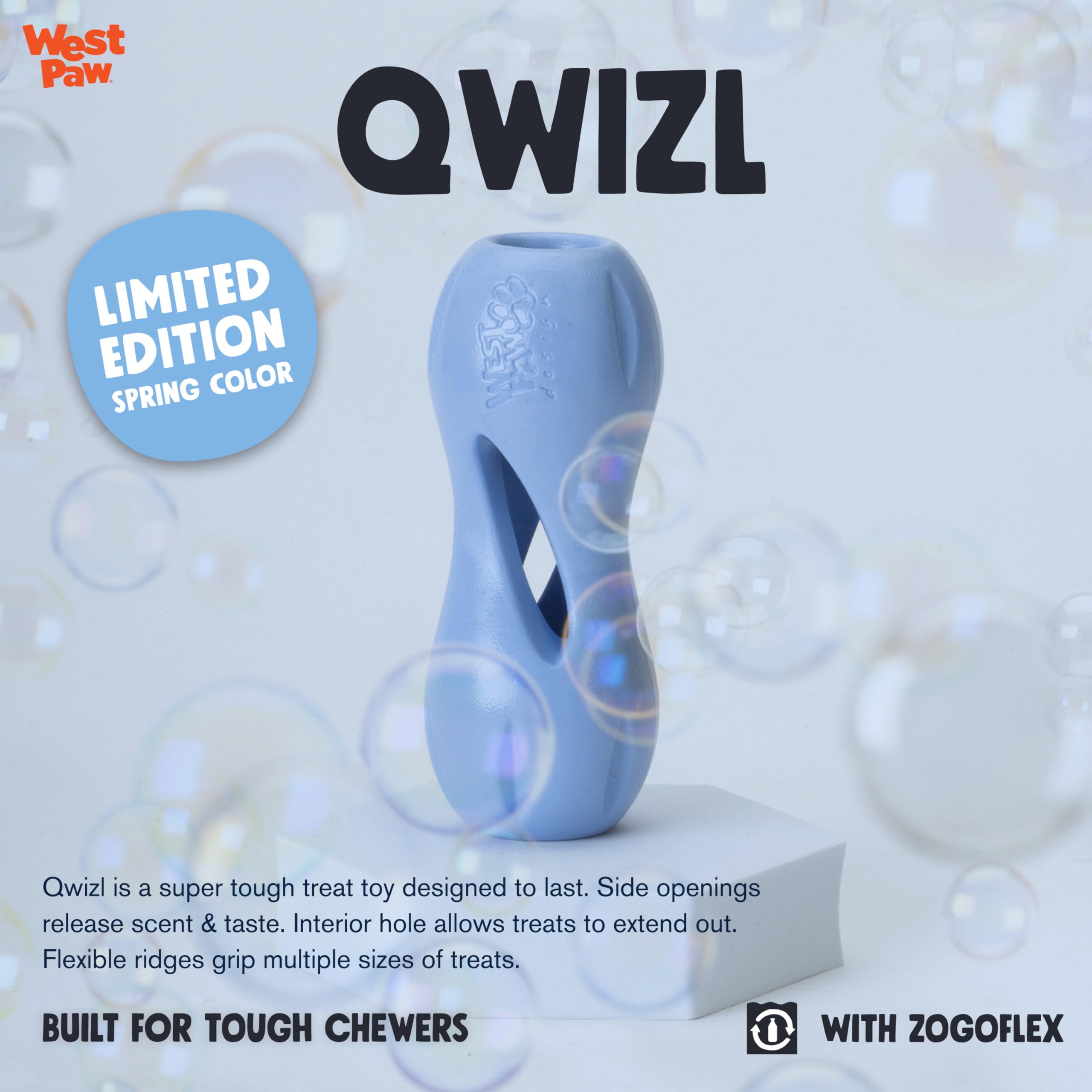 West Paw Zogoflex Qwizl treat-dispensing toy supports interactive chewing.