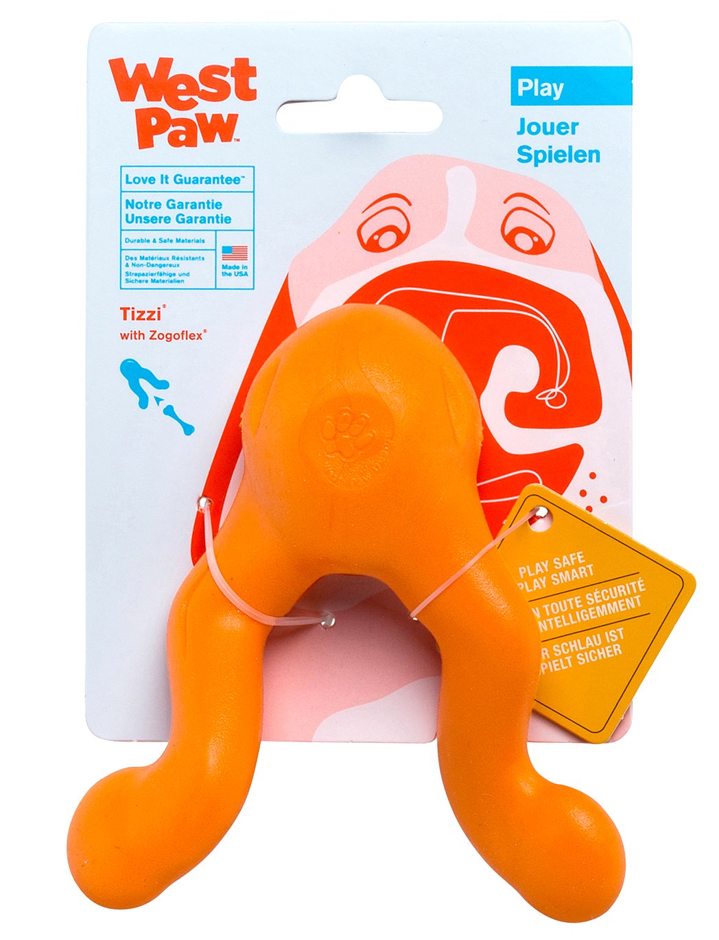 West Paw Zogoflex Tizzi treat-dispensing toy with unlocked handles for interactive play