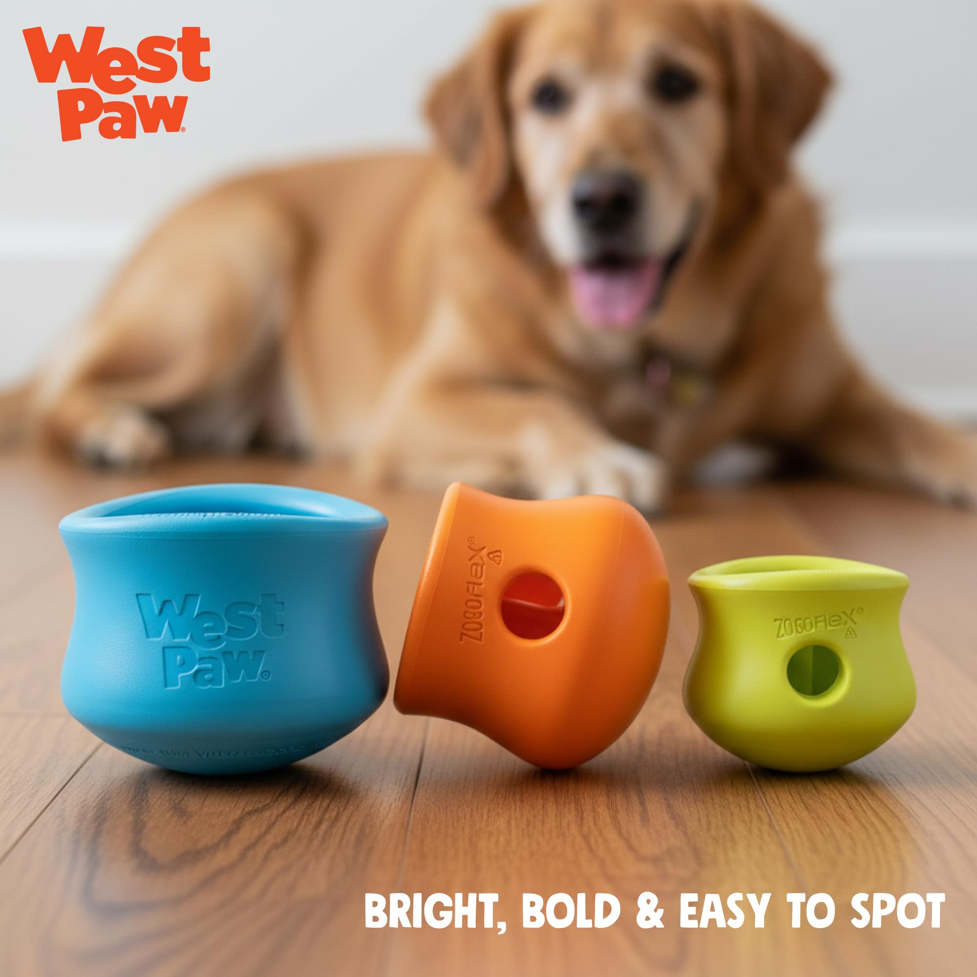 West Paw Zogoflex Toppl filled with kibble extends playtime