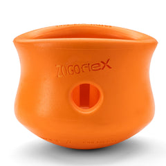 WEST PAW Zogoflex Toppl treat-dispensing toy engages dogs during meals.