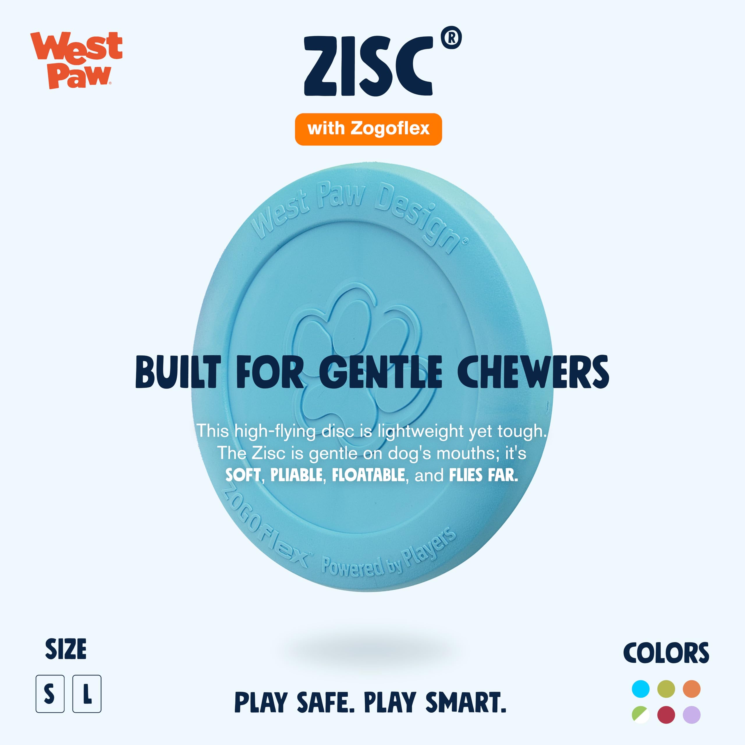 West Paw Zogoflex Zisc aqua blue 8.5-inch disc in mid-air for big-dog fetch.