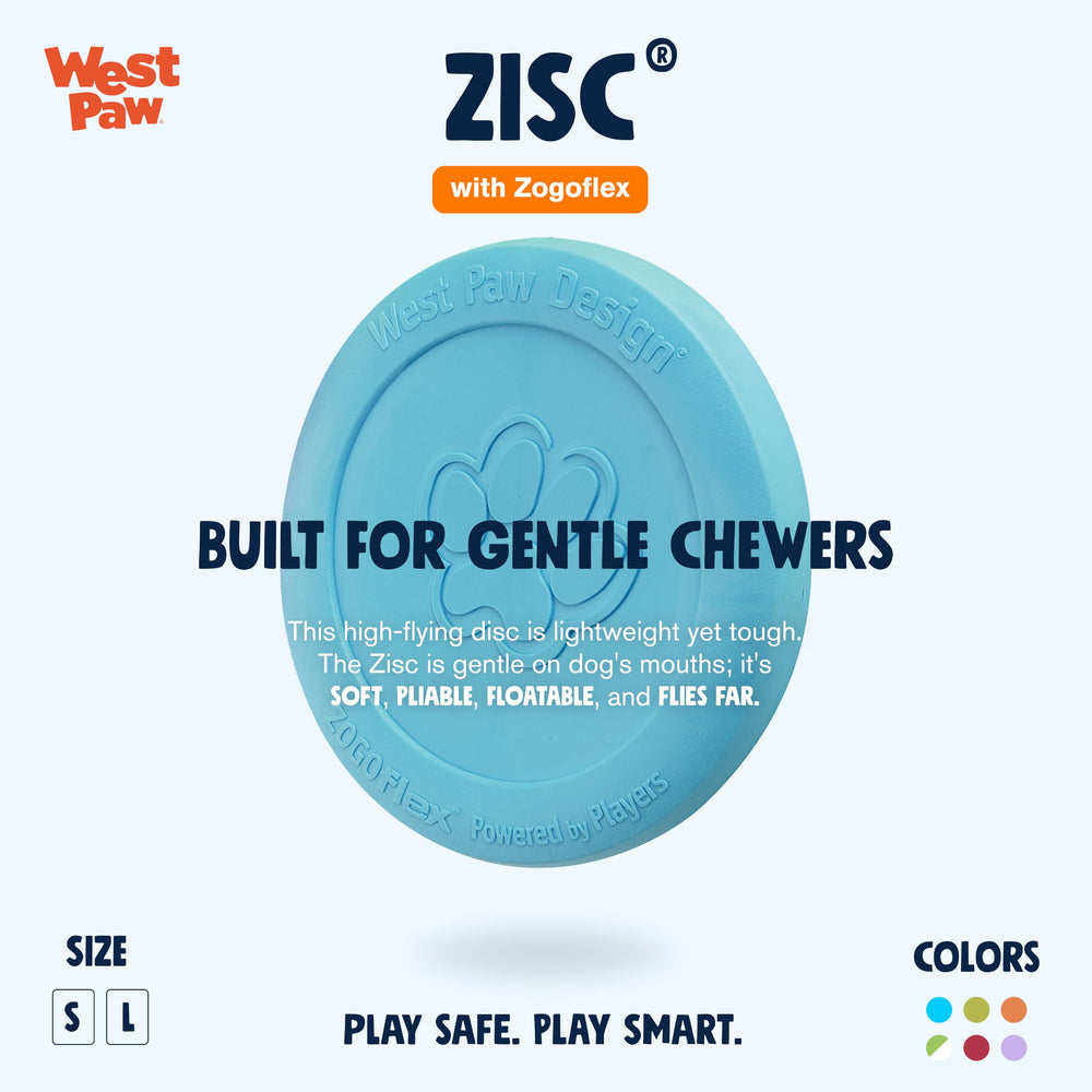 West Paw Zogoflex Zisc aqua blue 8.5-inch disc in mid-air for big-dog fetch.