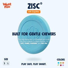 West Paw Zogoflex Zisc aqua blue 8.5-inch disc in mid-air for big-dog fetch.