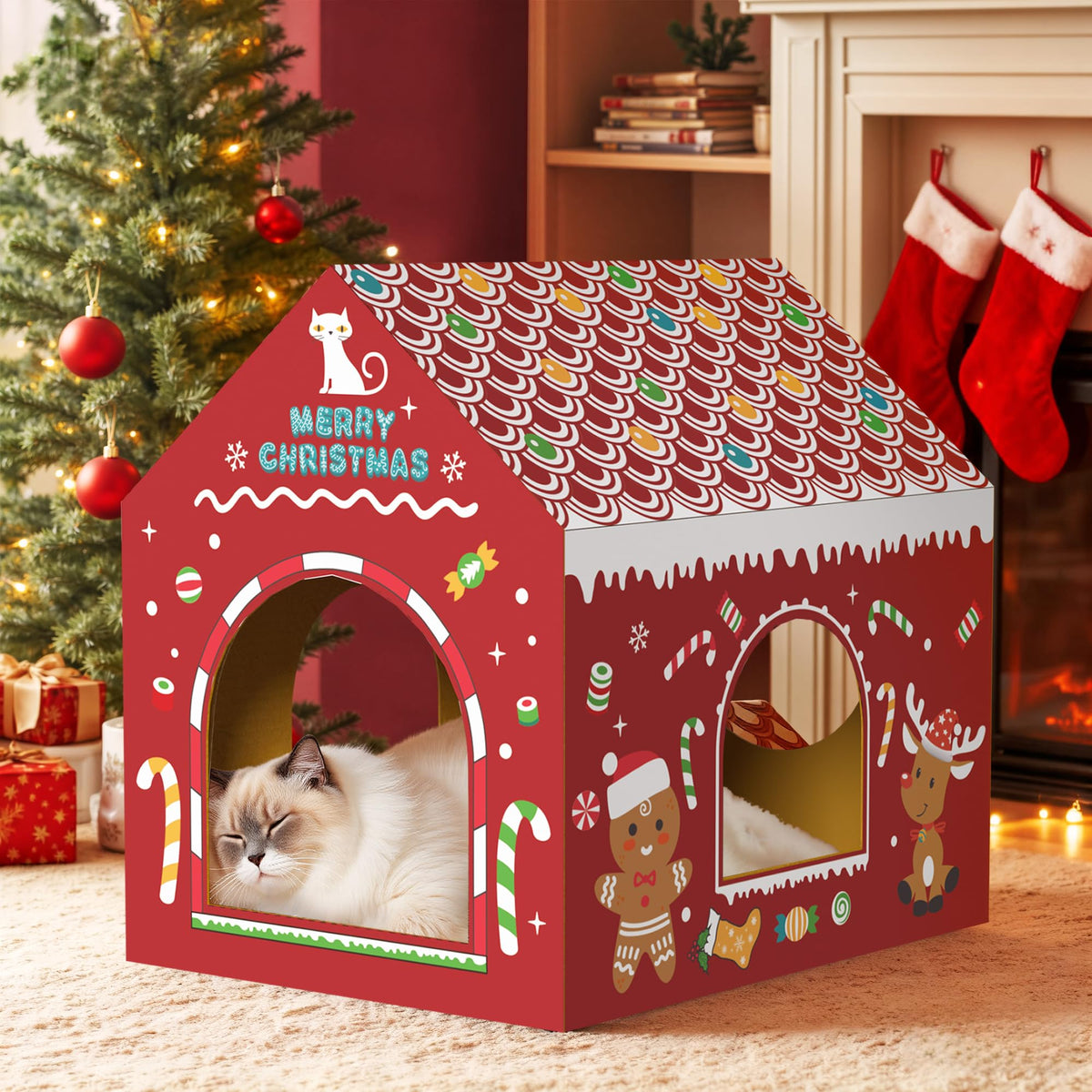 WESTERN HOME cardboard cat house front view with scratcher for cozy indoor play.