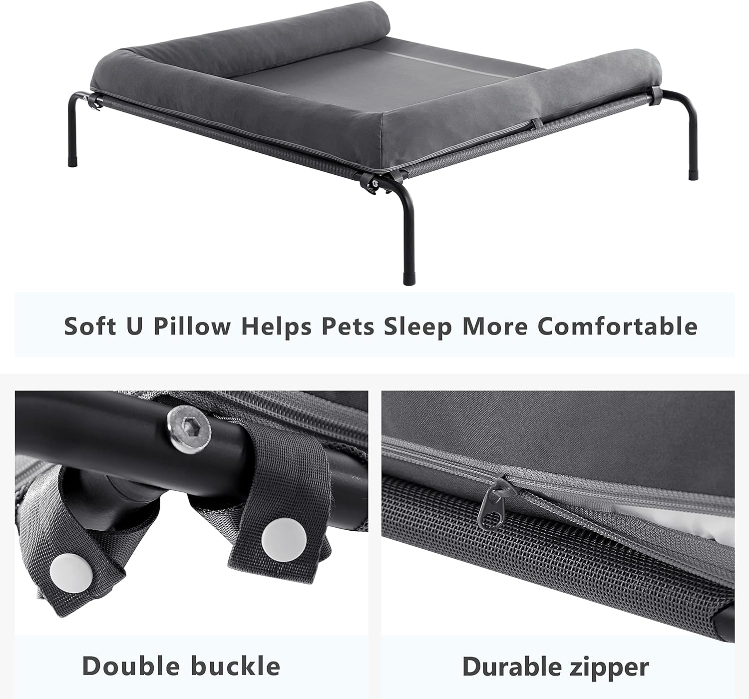 WESTERN HOME cooling elevated dog bed pillow closeup reveals soft U pillow and waterproof bolster