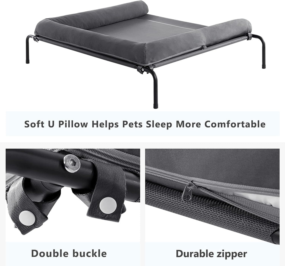WESTERN HOME cooling elevated dog bed pillow closeup reveals soft U pillow and waterproof bolster
