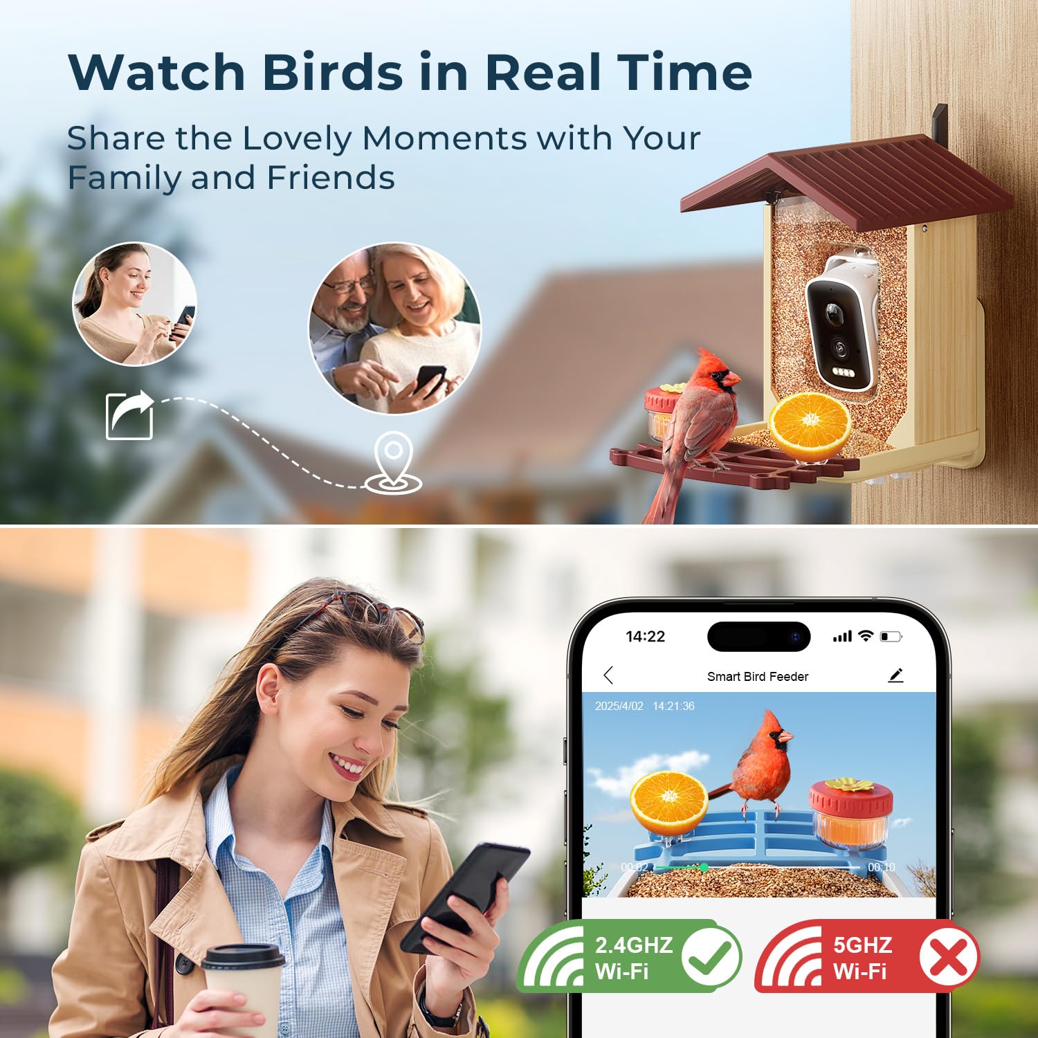 WESTHEY Bird Feeder AI recognition alerts graphic illustrating instant arrival notifications