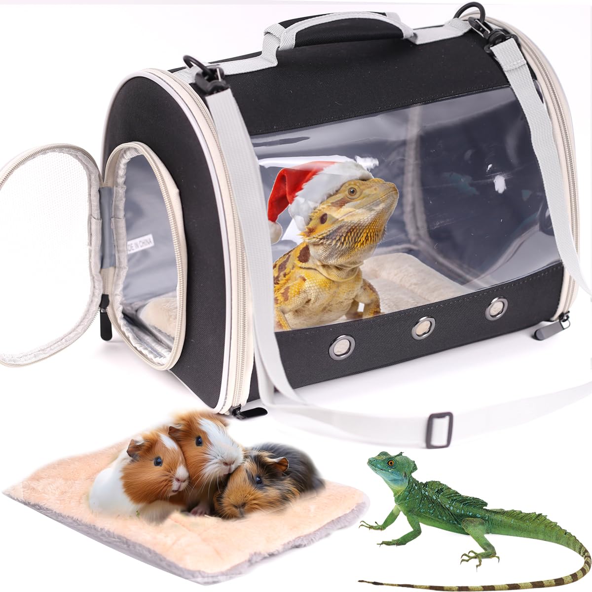 WEVONIGU bearded dragon travel carrier backpack front view for hands-free transport.