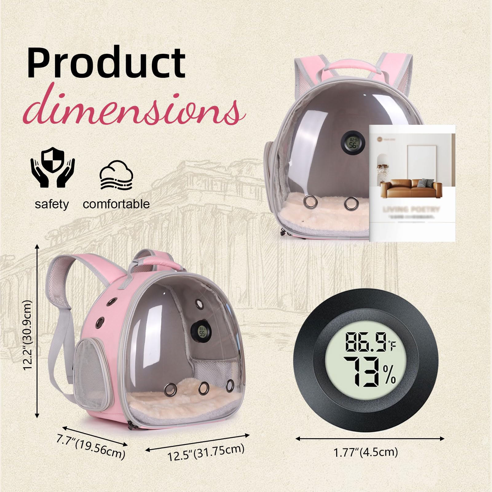WEVONIGU reptile thermometer-humidity gauge backpack with real-time condition checks.