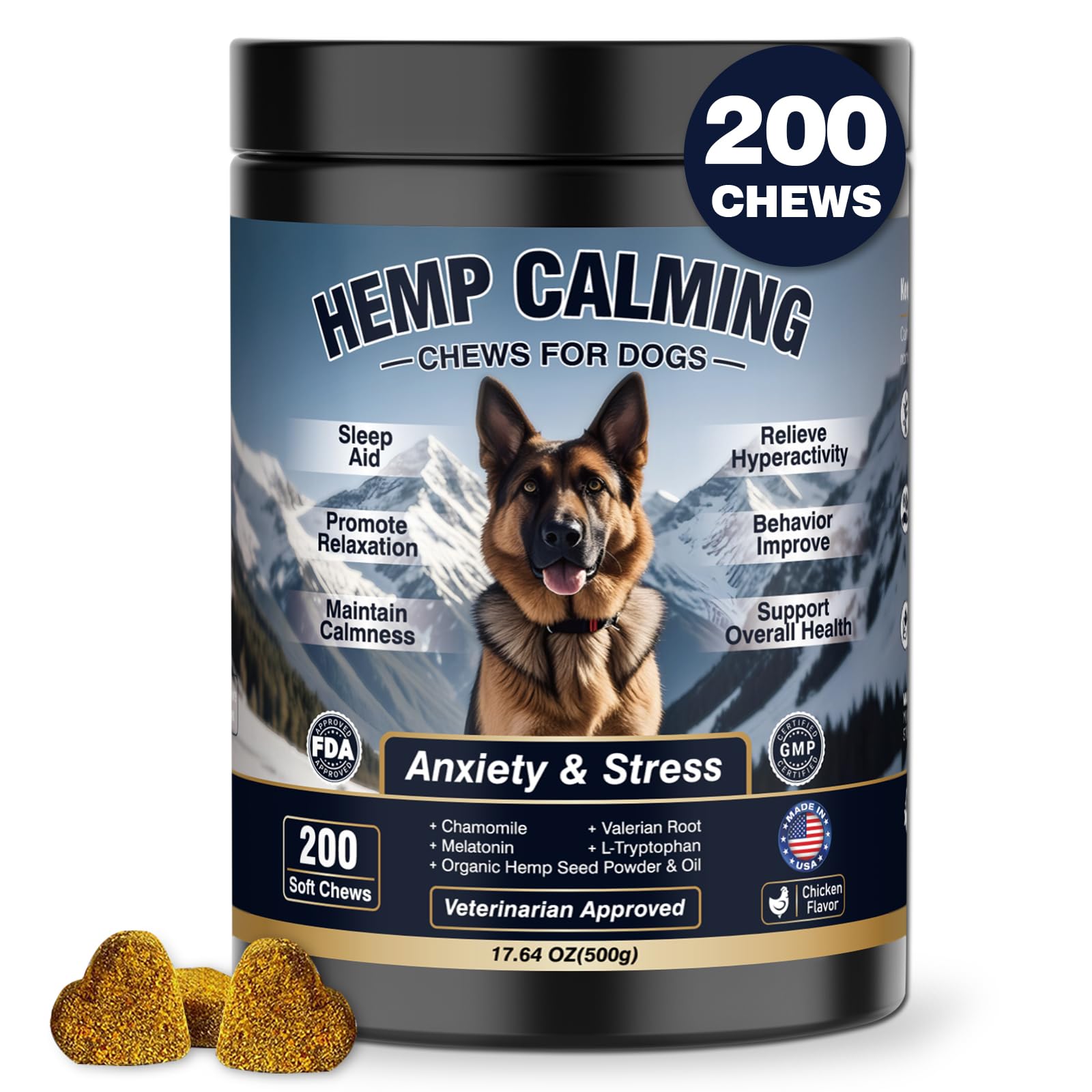 WEYILL 200ct Chicken Hemp Calming Chews pack view for calmer evenings.