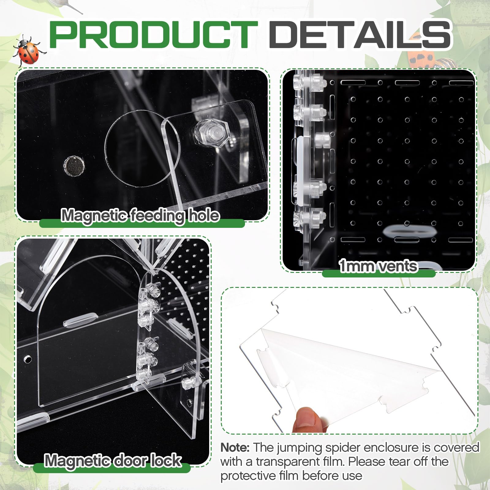 Weysat jumping spider enclosure side view highlighting durable acrylic and lightweight handling.