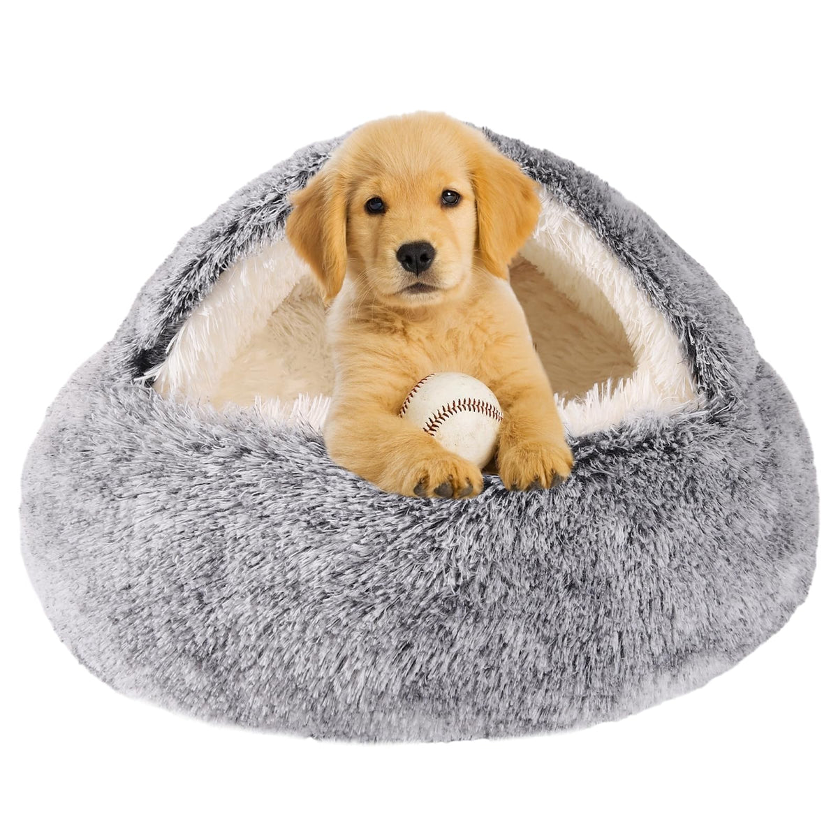 WgoogW hooded dog bed grey open-top view, ideal for cozy burrow-style naps.