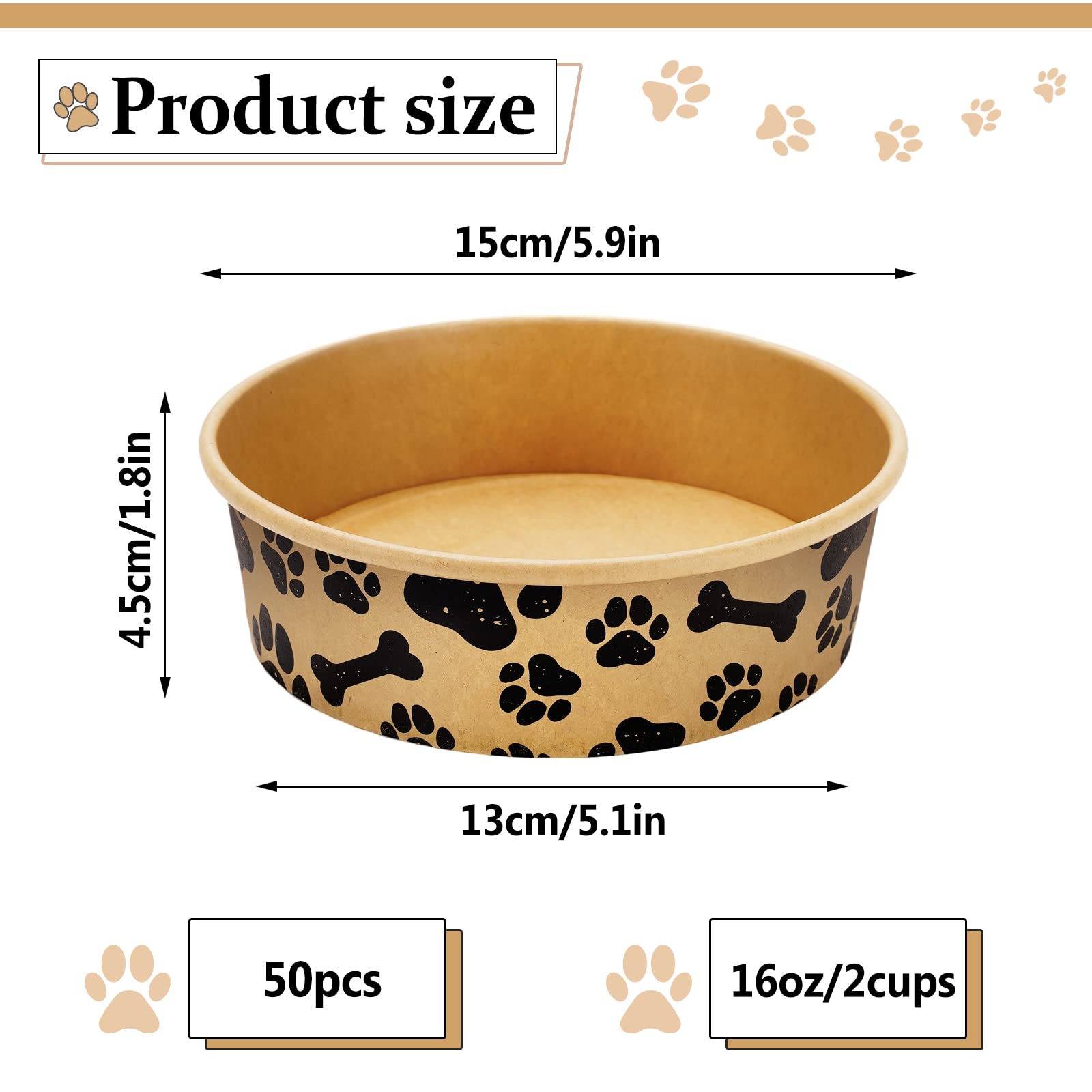 Whaline disposable pet bowls show dog paw and bone patterns for appealing dining.