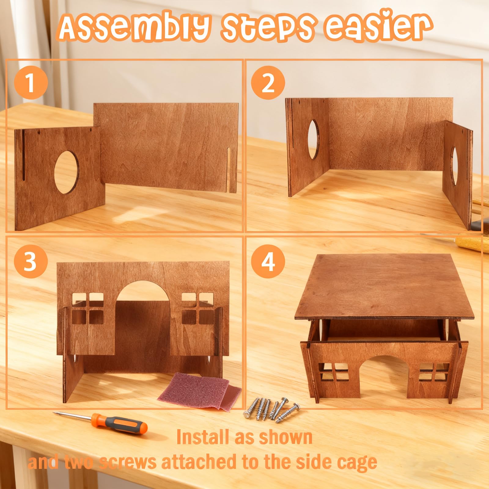 WHEARTED wooden guinea pig hideout assembly demonstrates simple, tool-free setup.
