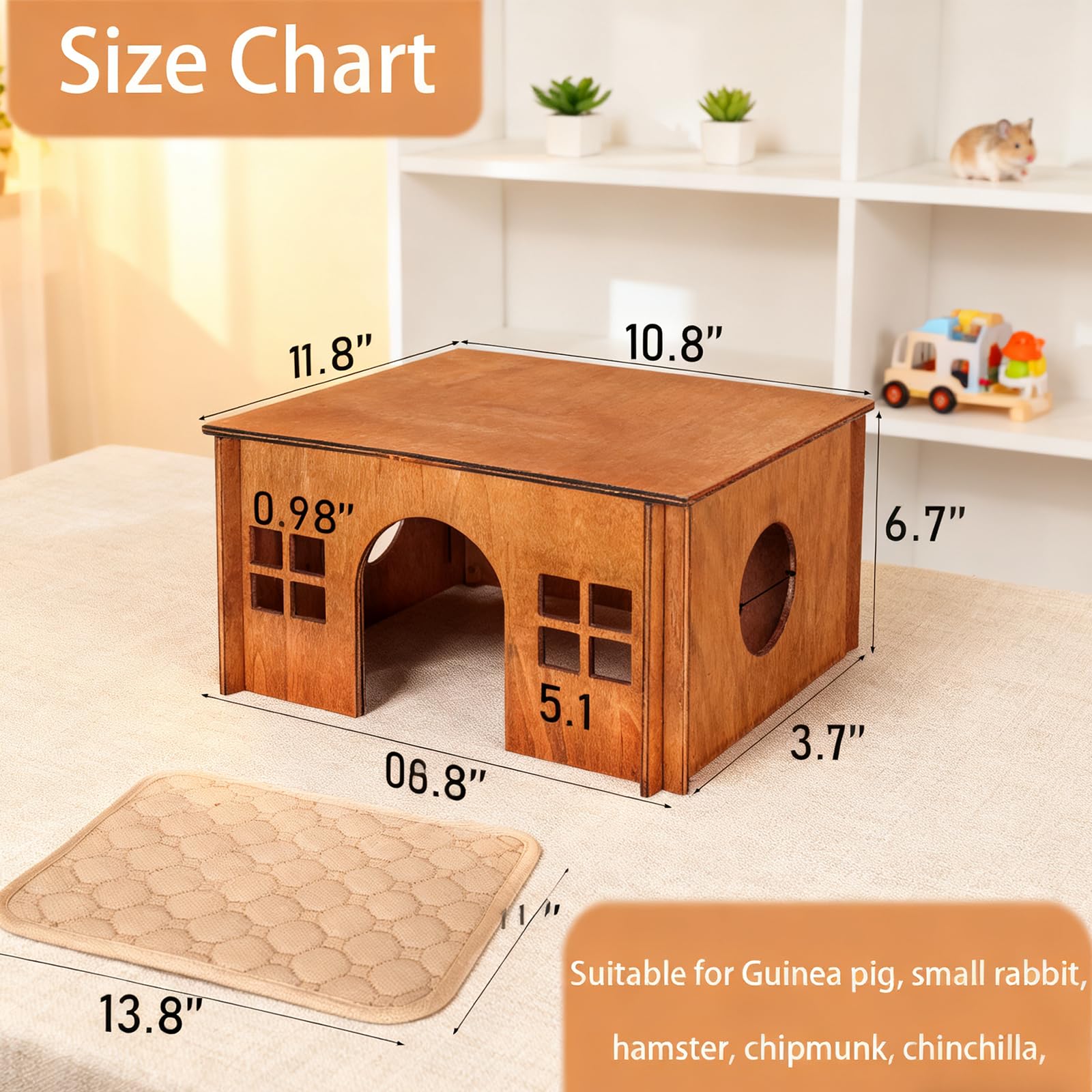 WHEARTED wooden guinea pig hideout side panel showcases durable, easy-to-clean build.