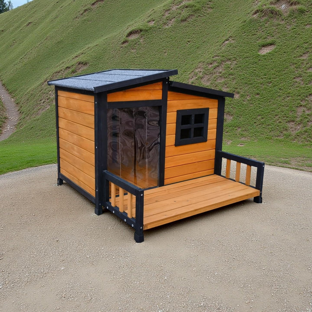 WHEGETED dog house deck offers sun lounging space while staying protected