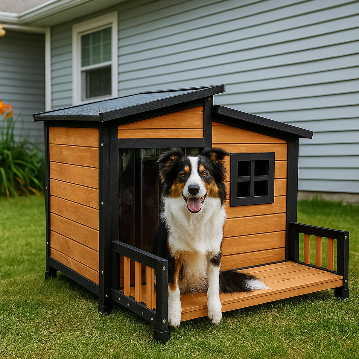 WHEGETED dog house exterior front view demonstrates weatherproof shelter for outdoor living spaces