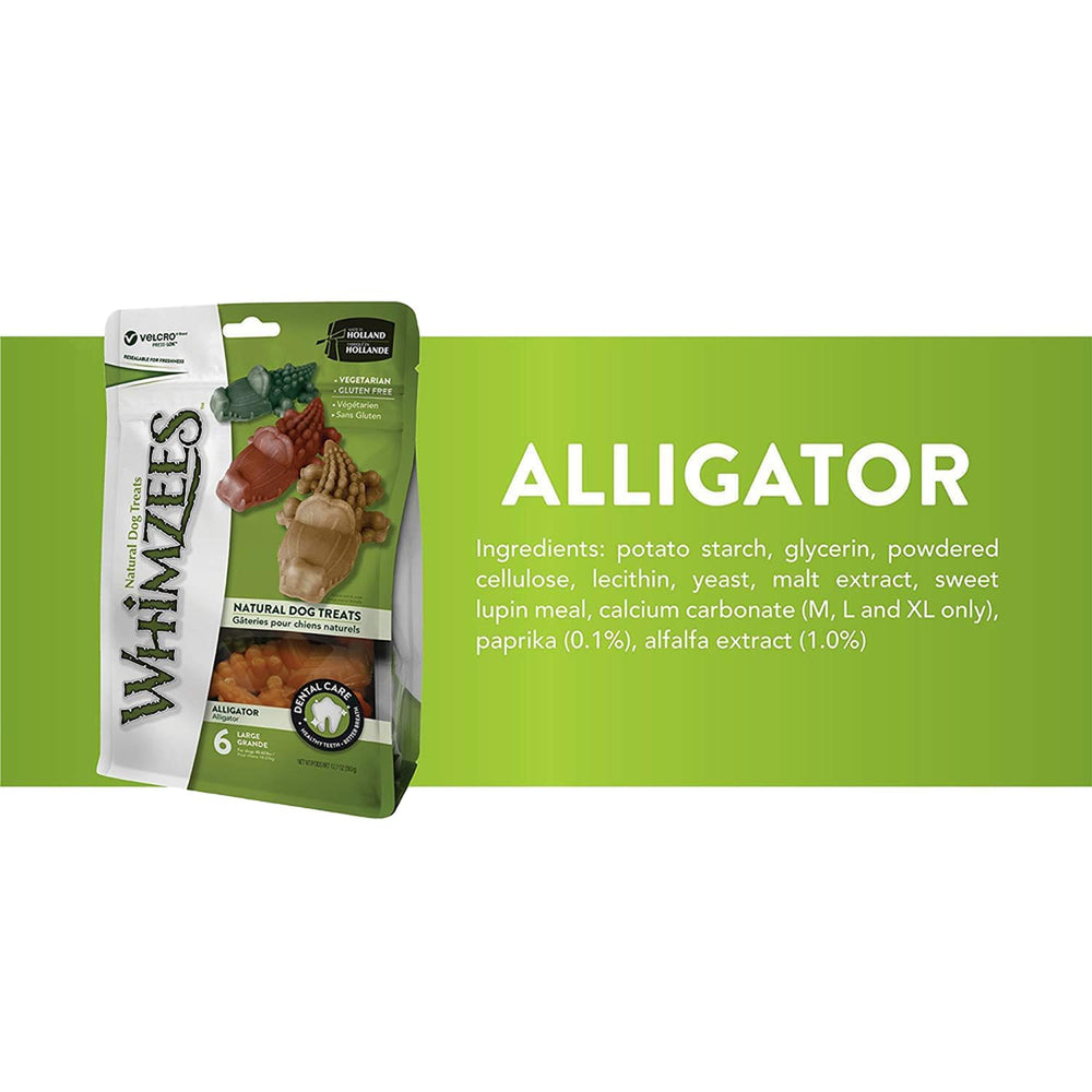 Whimzees Alligator Chews easy-grip design shown for comfortable chewing by dogs.