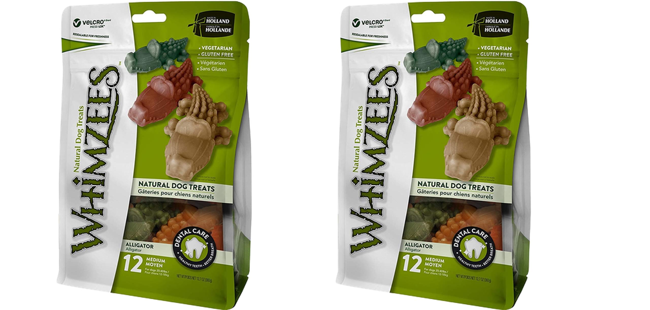Whimzees Alligator Chews packaging showing gluten-free natural dog treats for dental care.