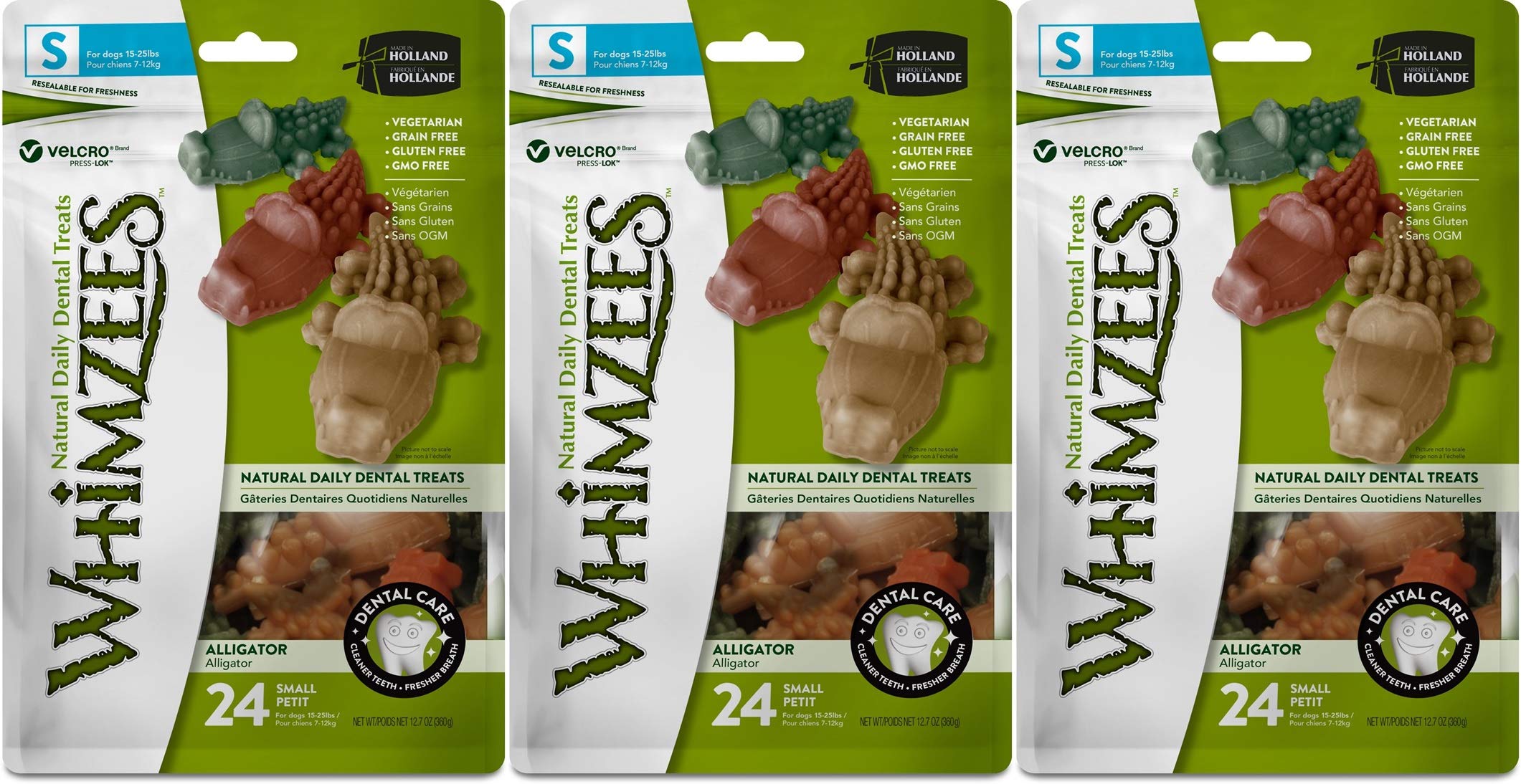 Whimzees Alligator dental chews pack front view, veggie-based ingredients for pet dental care