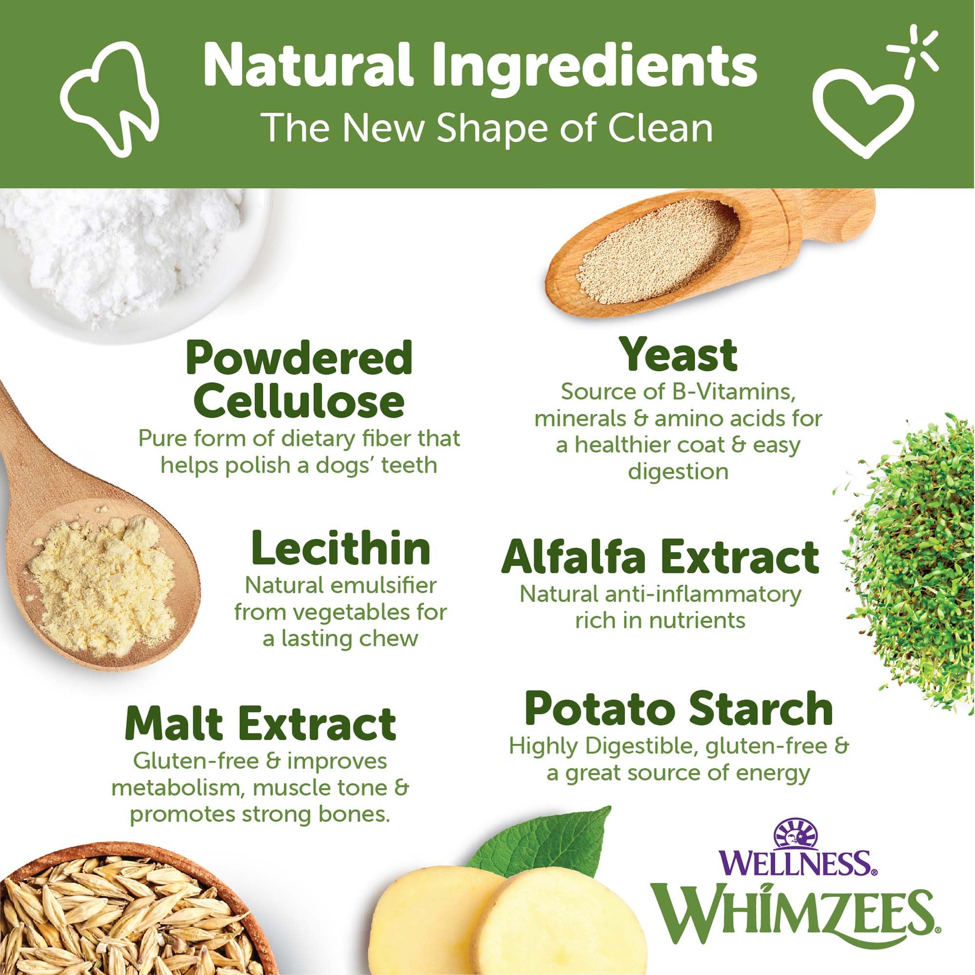 Whimzees grain-free natural treat emphasizes vegetarian chew benefits.