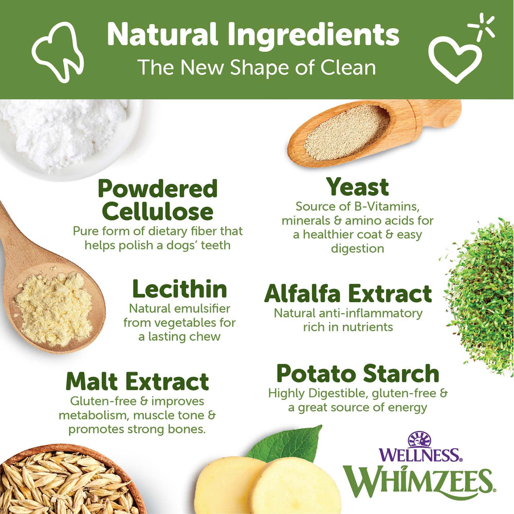 Whimzees grain-free natural treat emphasizes vegetarian chew benefits.