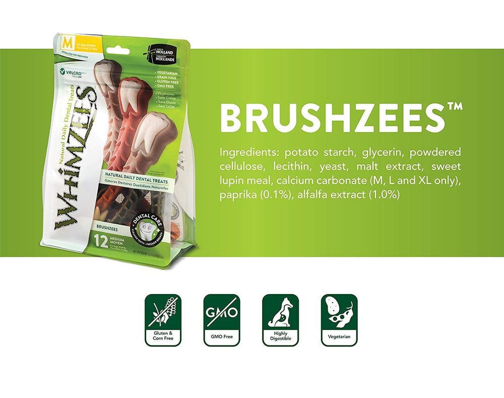 Whimzees Large Brushzees natural ingredients closeup emphasizes healthy, gluten-free dog treats.