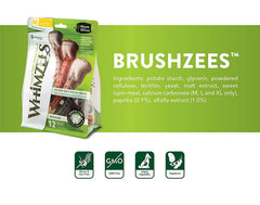 Whimzees Large Brushzees natural ingredients closeup emphasizes healthy, gluten-free dog treats.