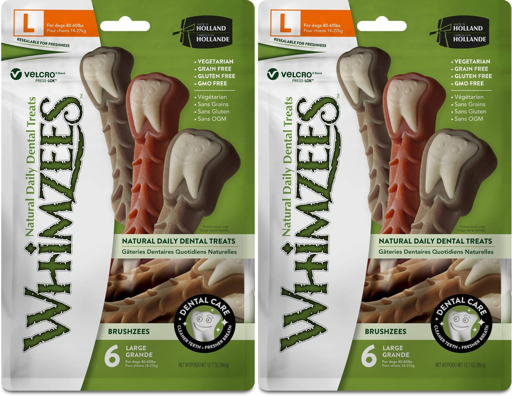 Whimzees Large Brushzees pack shot shows grain-free dental chews for dogs supporting plaque control.