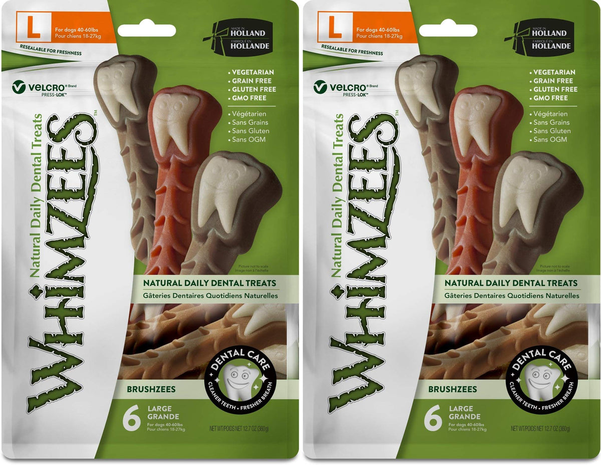 Whimzees Large Brushzees pack shot shows grain-free dental chews for dogs supporting plaque control.