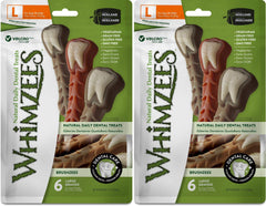 Whimzees Large Brushzees pack shot shows grain-free dental chews for dogs supporting plaque control.