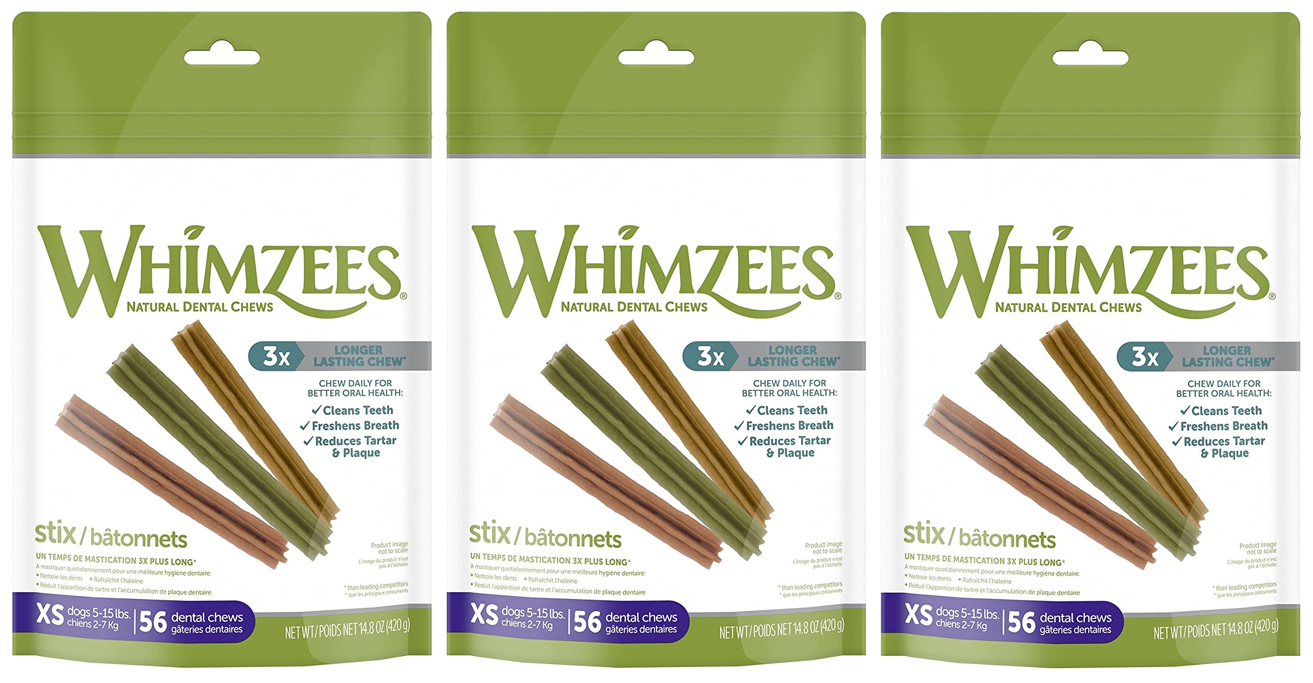 Whimzees Stix three-count bundle for dental care during chew time.