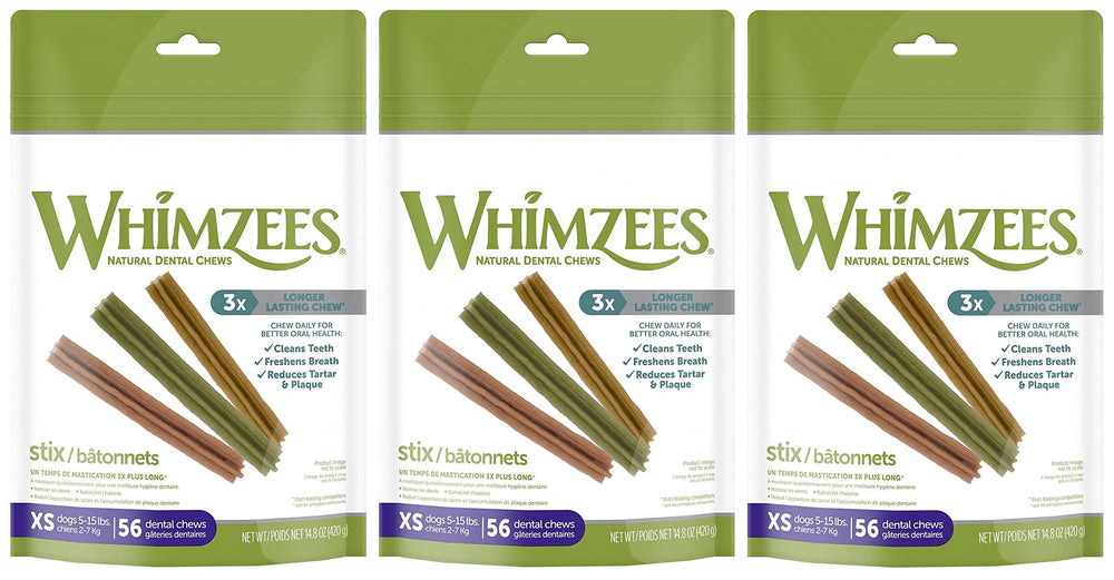 Whimzees Stix three-count bundle for dental care during chew time.
