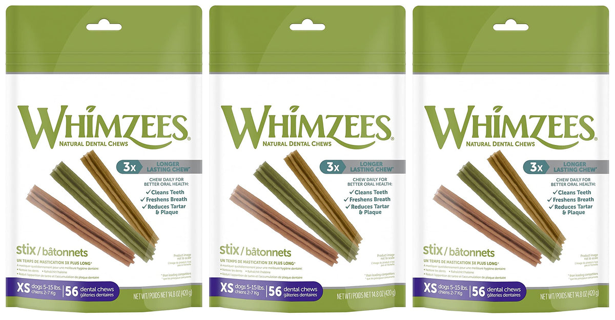 Whimzees Stix three-count bundle for dental care during chew time.