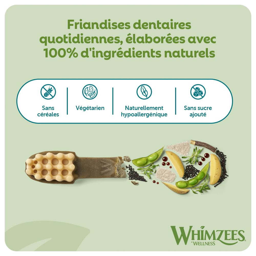 Whimzees toothbrush-shaped chew close-up emphasizes reach in mouth