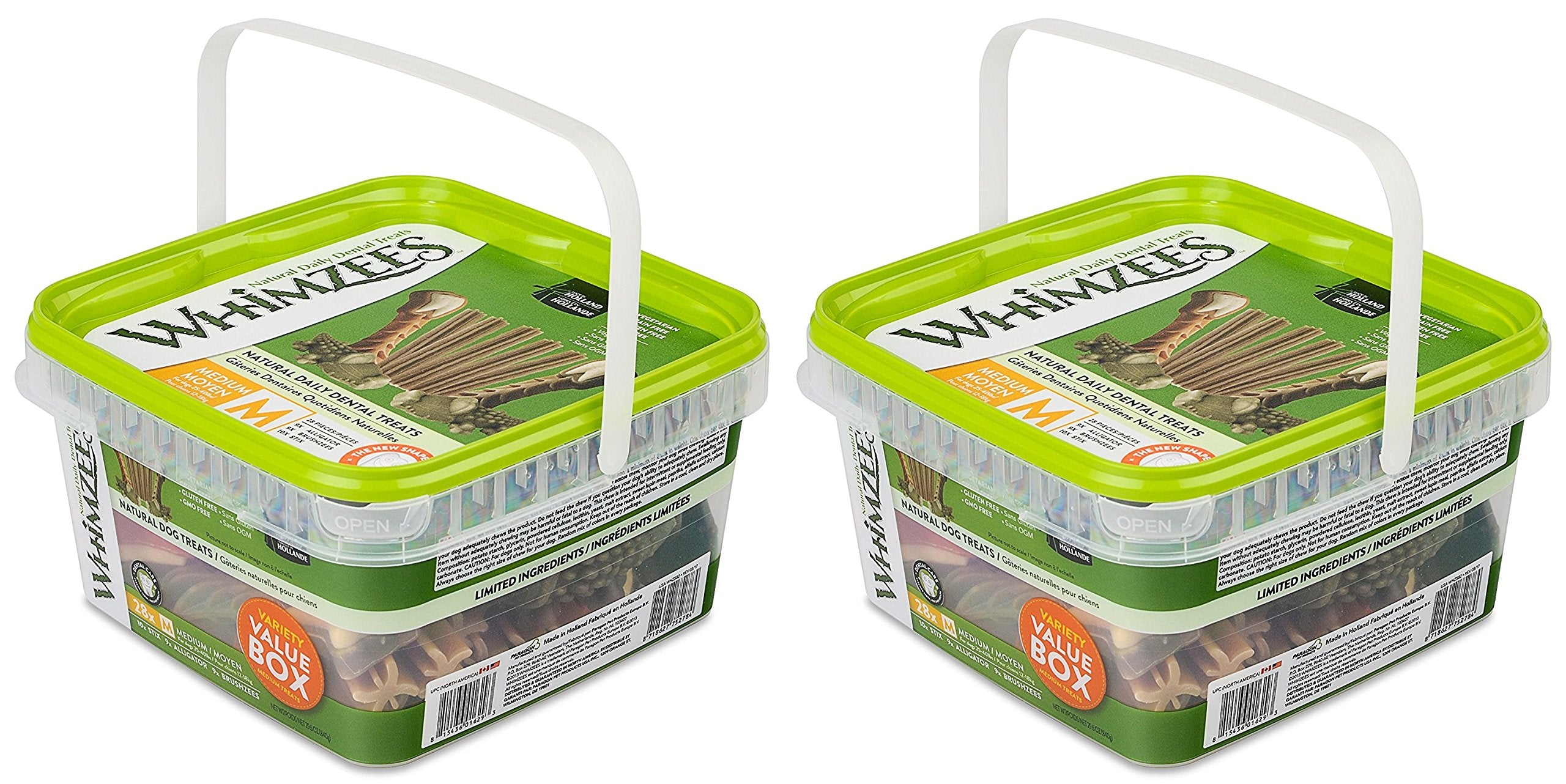 Whimzees variety-pack medium dog treats support dental health and fresh breath.