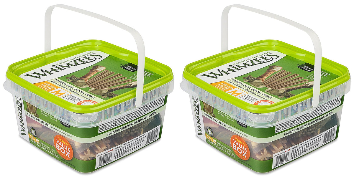 Whimzees variety-pack medium dog treats support dental health and fresh breath.